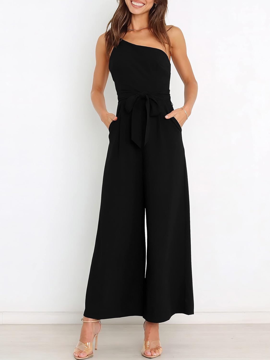 Thumbnail 4 de ANRABESS Women Summer Dressy Jumpsuits: One-Shoulder Sleeveless Wide-Leg Romper