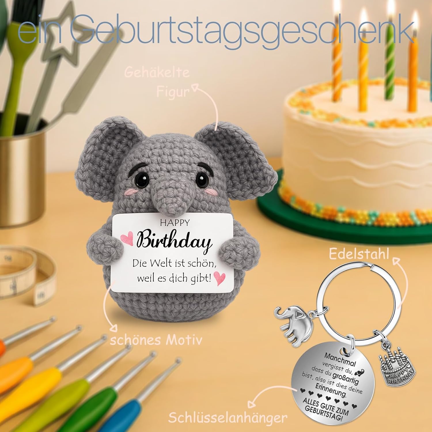 Thumbnail 1 de Positiver Elefant & Glücksbringer-Schlüsselanhänger „Pocket Hug“ – Geburtstagsgeschenk für mehr Mut