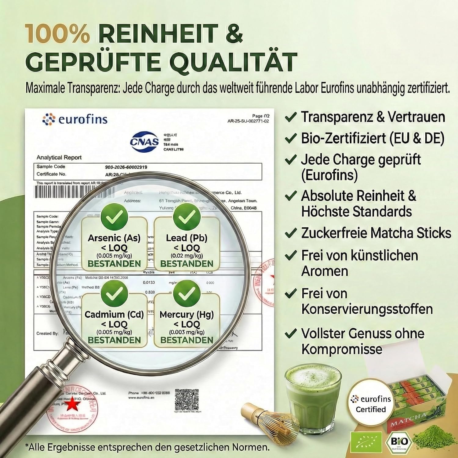 Detalle de ZenRitual Matcha Pulver Zeremonienqualität – 20 Einzeln Portionssticks à 1,5 g, laborgeprüft, zuckerfrei, unterwegs genießen
