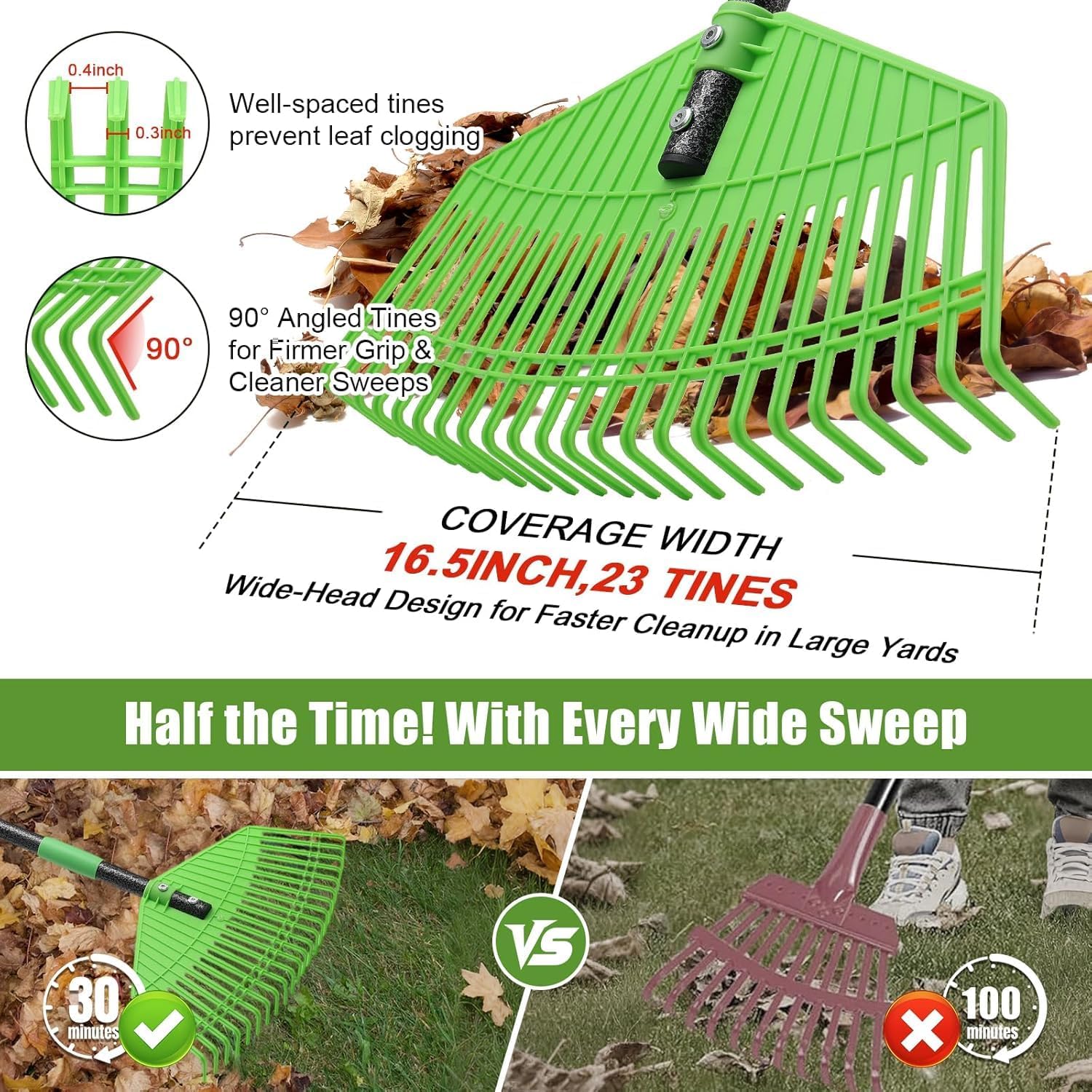 Thumbnail 3 de Leaf Rake, 42cm Wide Garden Rake with 106 cm Adjustable Handle – 23 Tine Plastic Head