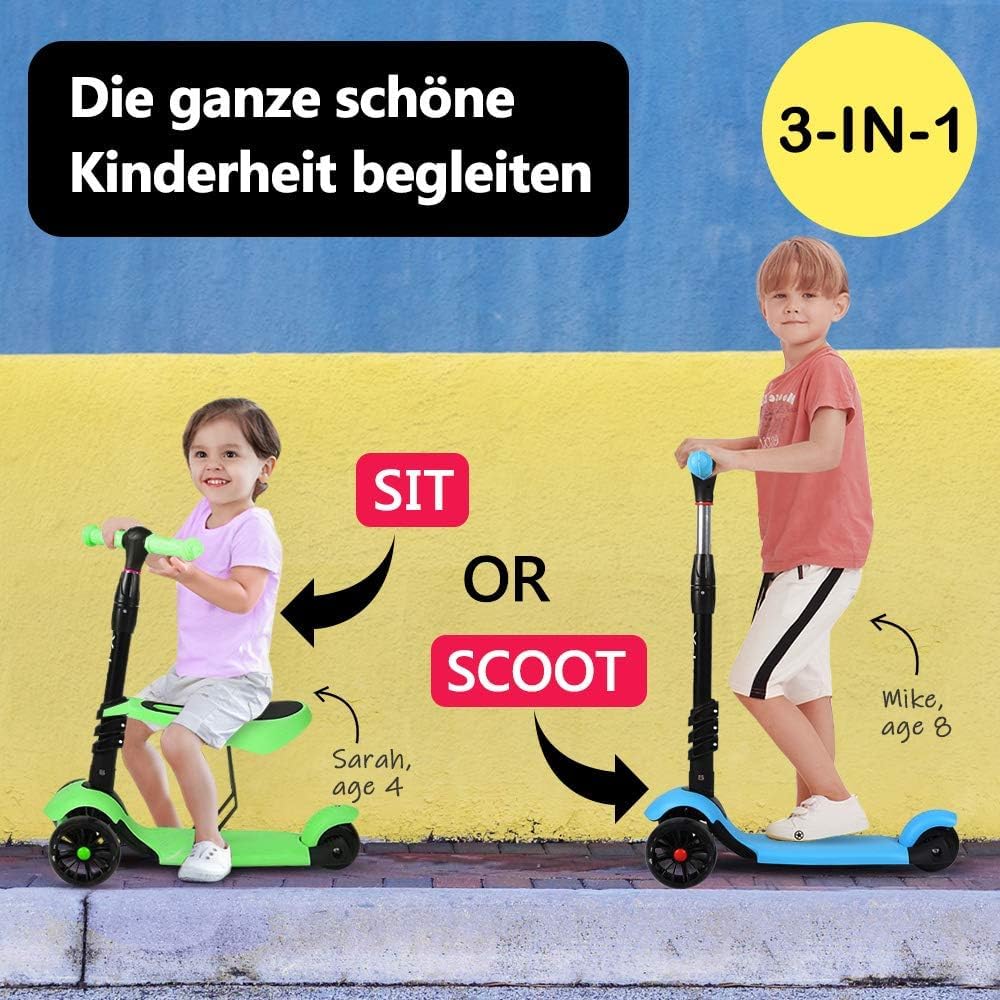 Detalle de YOLEO 3-in-1 Kinder Roller Scooter mit abnehmbarem Sitz – verstellbarer Lenker, leuchtende PU-Räder