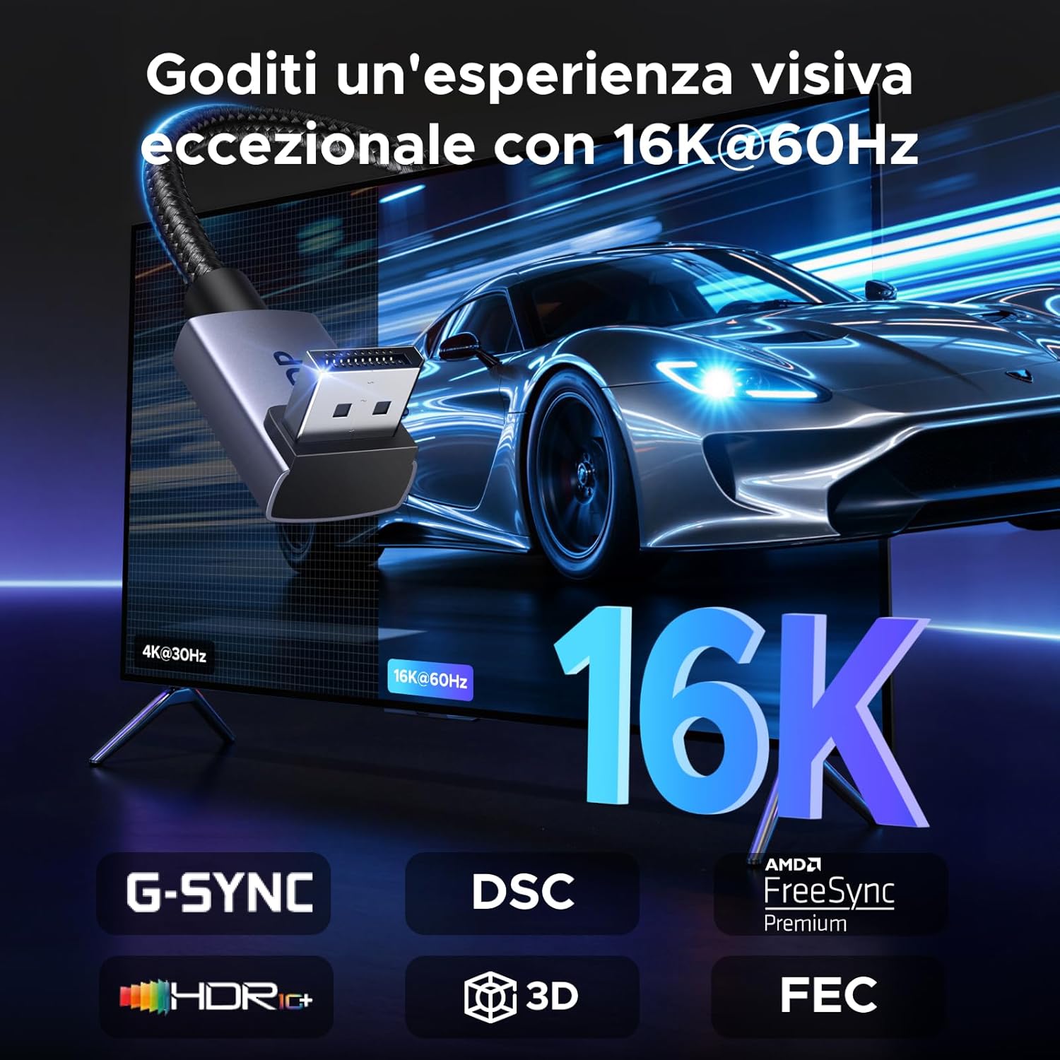 Detalle de UGREEN 16K Cavo DisplayPort 90° DP 2.1 – 16K@60Hz, 8K@120Hz, 80Gbps, alluminio intrecciato