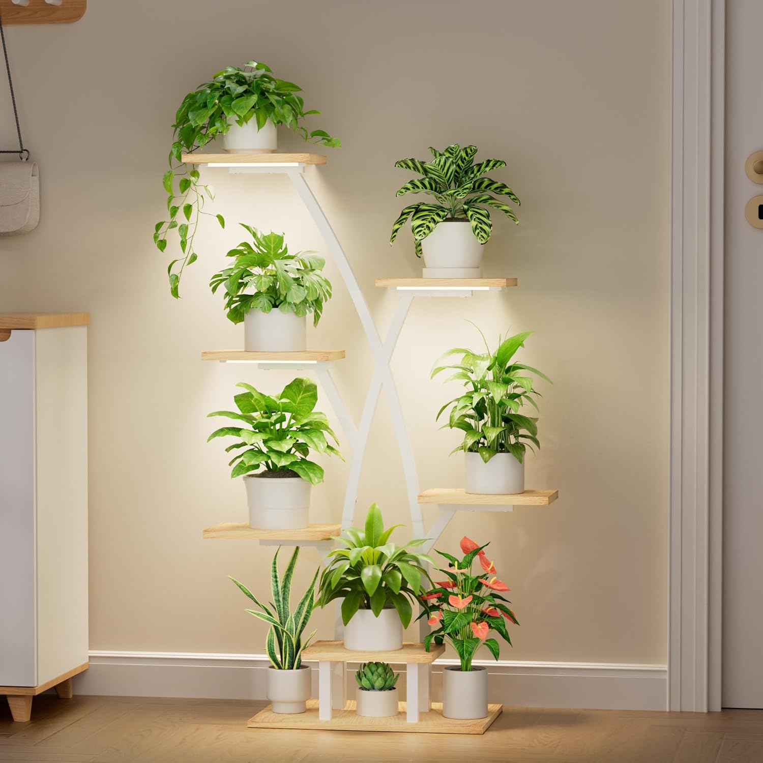 Detalle de BACEKOLL Supporto per piante con luci di crescita: scala a 7 livelli, 105 cm in metallo e legno, bianco