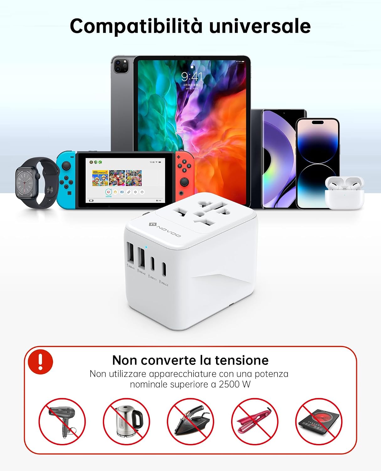 Thumbnail 4 de NOVOO Adattatore universale da viaggio PD 21W con 2 USB e 2 C 🔌