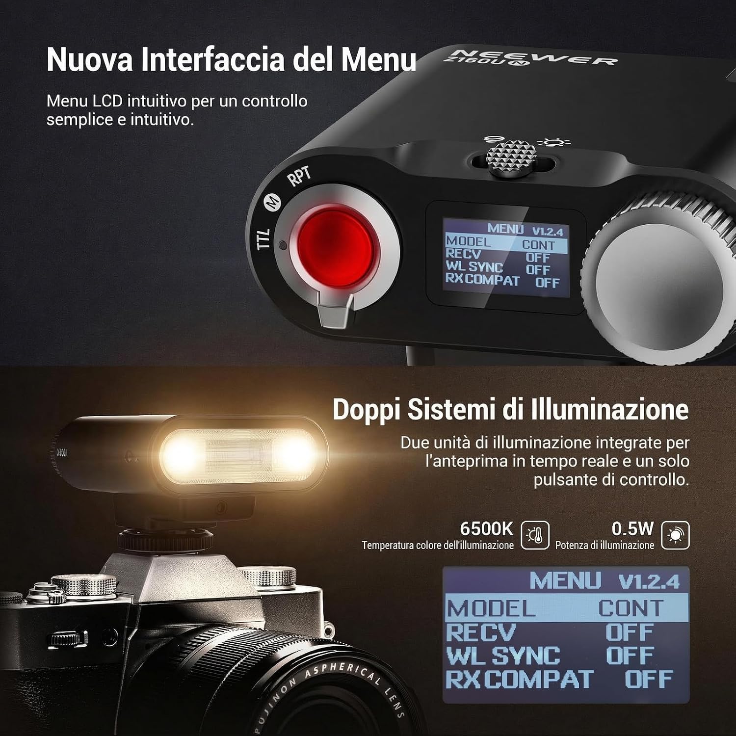 Detalle 2 de NEEWER Z160U-N: Speedlite compatibile Nikon, 18Ws GN14, TTL/HSS, batteria integrata 1100mAh, USB-C