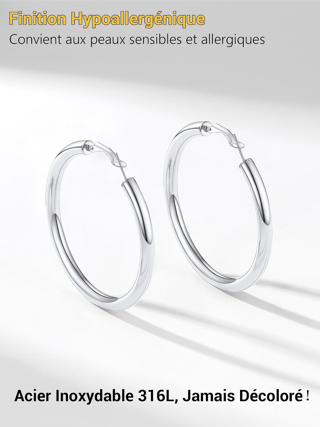 Detalle de PROSTEEL Boucles d’oreilles créoles femme style 90s, acier inoxydable (20/30/40/60/80 mm) épaisses