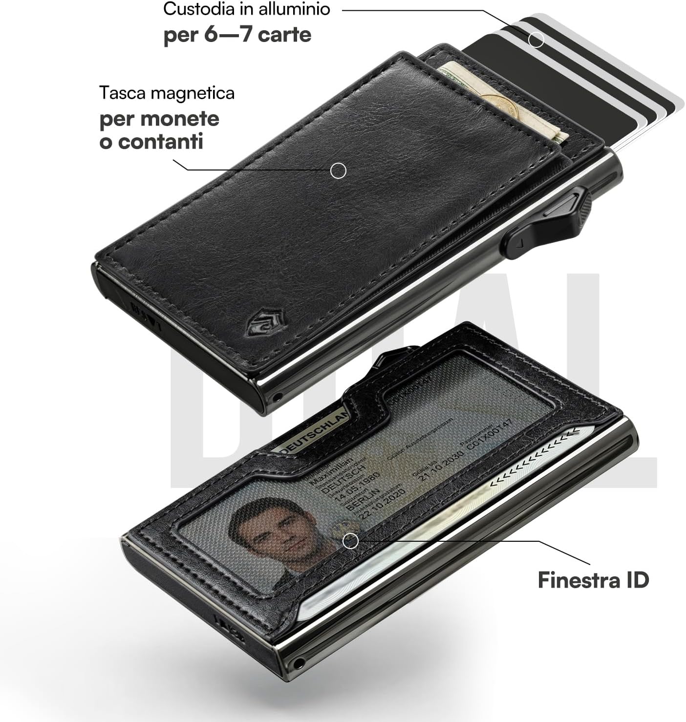 Detalle 2 de YESIIW Portafoglio Uomo Slim Bauhaus – Portacarte in Alluminio Gunmetal con Pelle Vintage, 6–7 Carte, RFID e ID Window