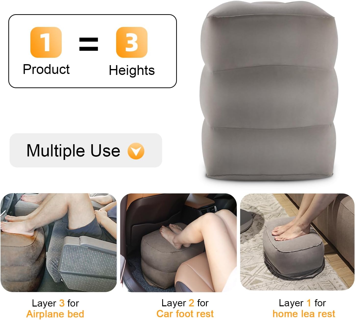 Thumbnail 1 de Maliton Airplane Footrest Inflatable Foot Rest for Kids – Adjustable Height Travel Pillow (Grey, 1 Pack)