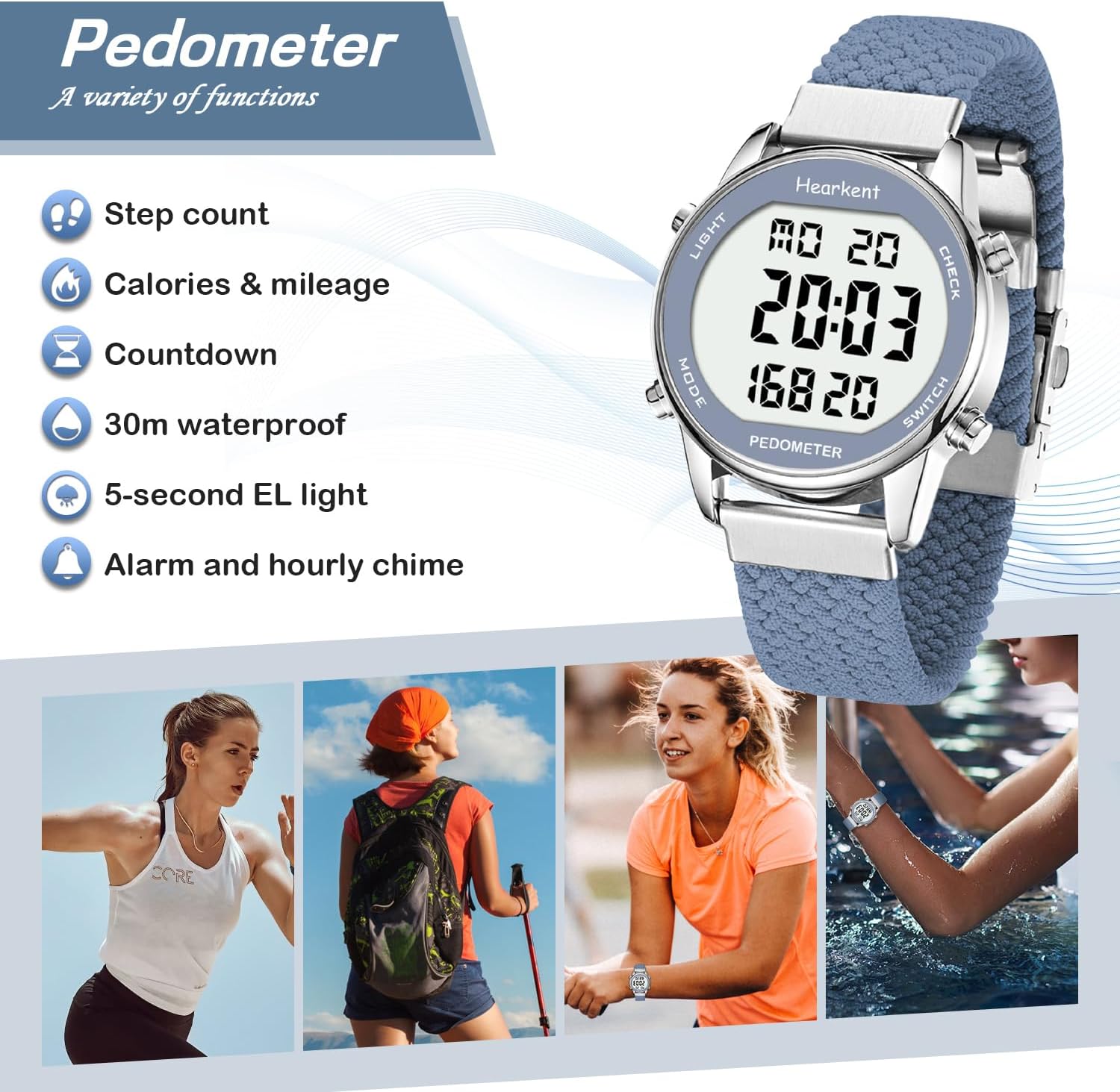 Detalle de Hearkent Pedometer Watch for Women – Non-Bluetooth Step Tracker with Large LCD, 30M Waterproof