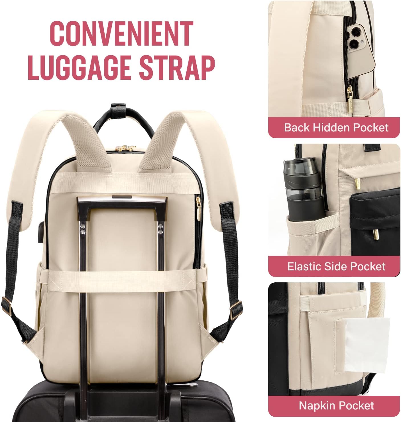 Detalle 2 de LOVEVOOK Sac à Dos Femme 15,6" – Imperméable, Antivol avec Port USB et Compartiment PC, Noir-Beige