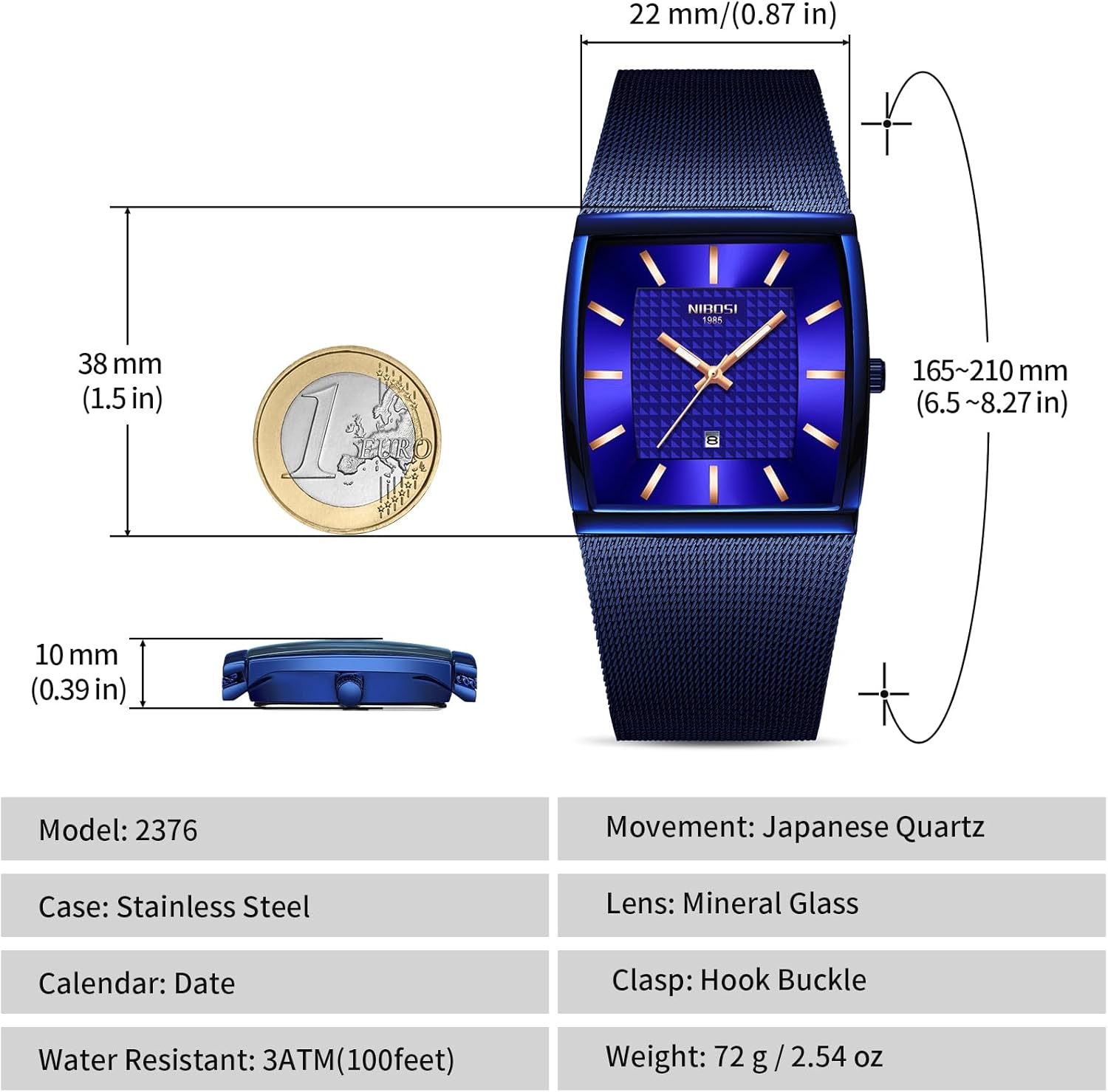 Thumbnail 2 de NIBOSI Herrenarmbanduhr mit quadratischem Zifferblatt, Quarzwerk, Edelstahl-Mesh und Datumsanzeige (3ATM)
