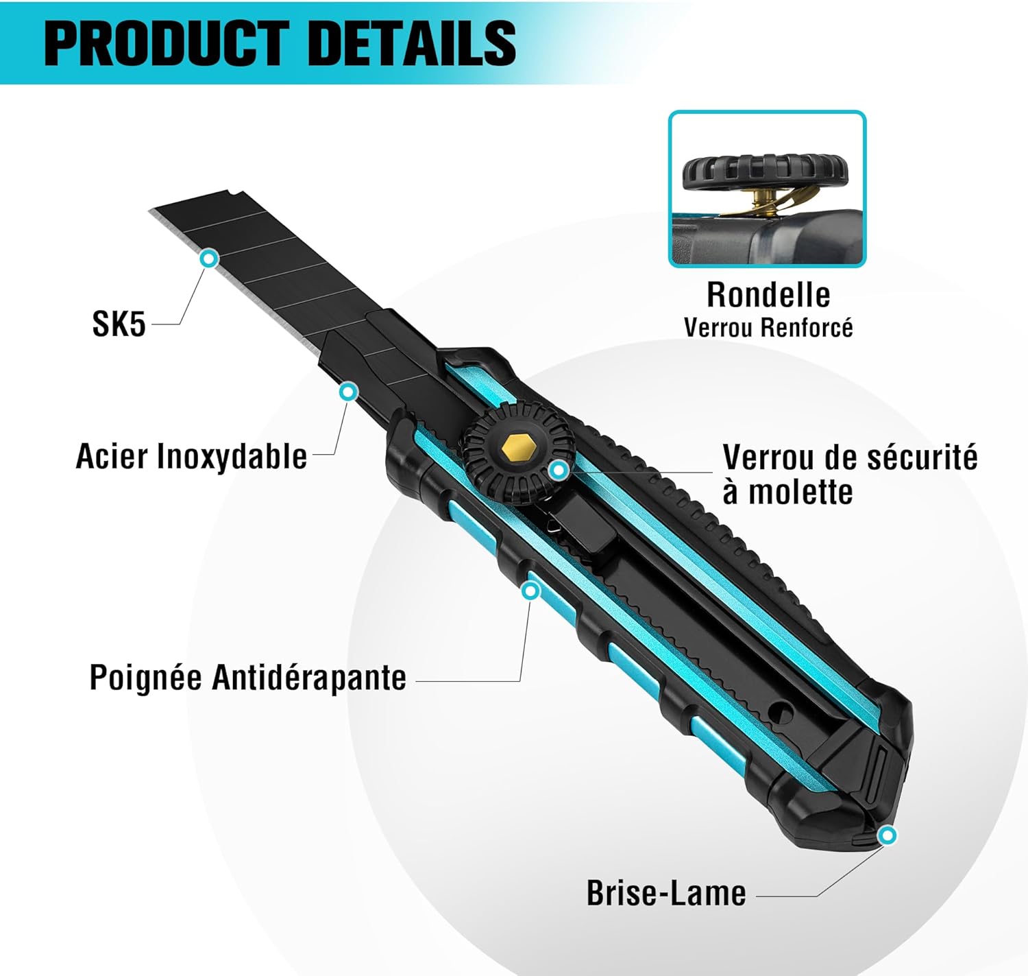 Detalle de DURATECH Cutter Professionnel 18 mm avec 10 lames SK5 – précision et confort pour papier, carton et bricolage