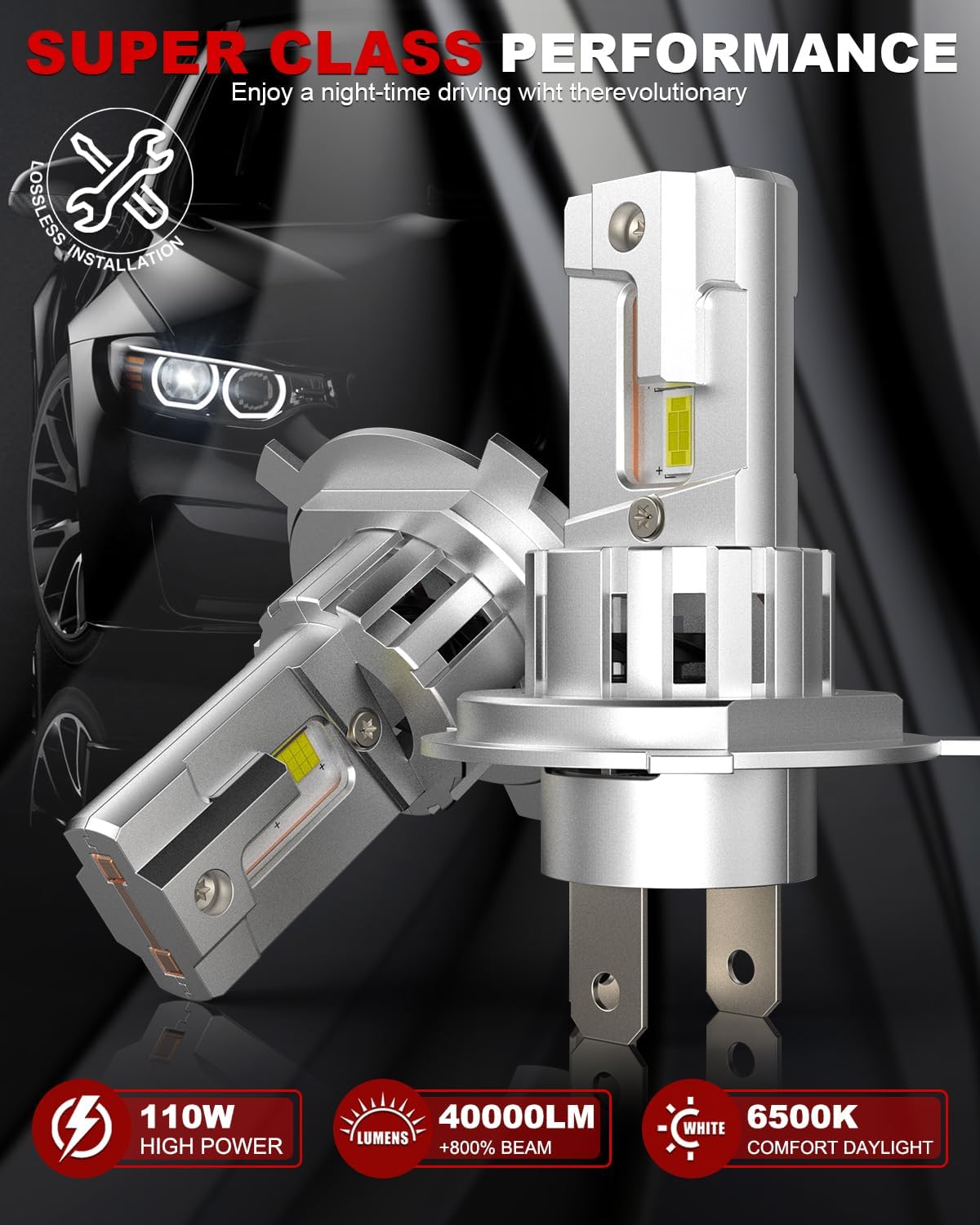 Detalle de Tongruiting H4 LED Headlight Bulb, 110W 40000LM 6500K – 1:1 Size, Plug & Play, Pack of 2