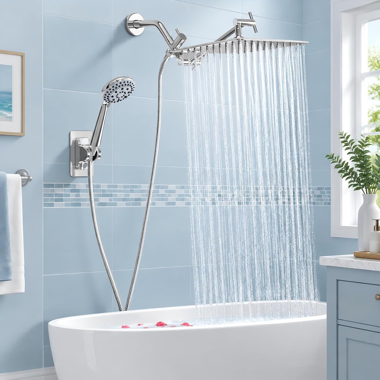 Thumbnail 6 de NERDON Shower Head Dual Showerhead, 8-Inch Square Rainfall, 5-Mode Handheld, Chrome