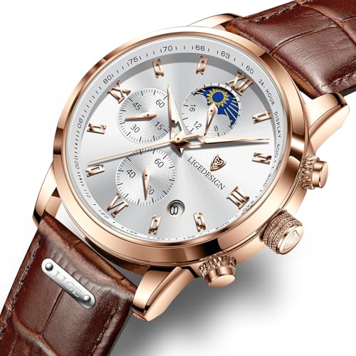 Thumbnail 8 de LIGE Montre homme vintage chronographe, cuir, 3 ATM, cadran or et blanc