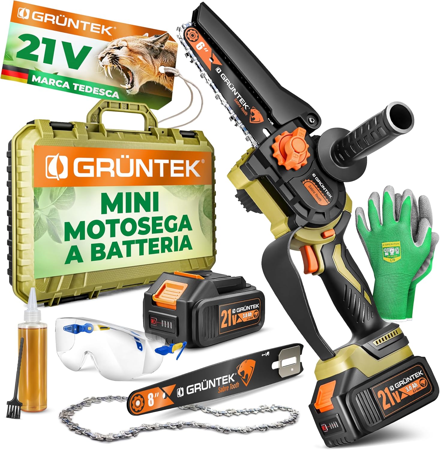 Detalle de GRÜNTEK Mini Motosega a Batteria 1050W: kit 2 batterie 21V, barre 6"/8" e accessori