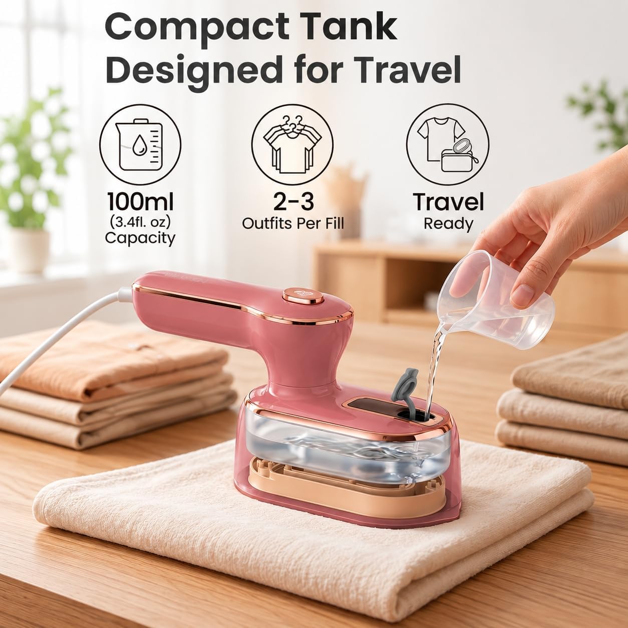 Detalle 1 de Nirrom N03 Travel Garment Steamer, 970W, 180° Rotating Handle, Dusty Rose