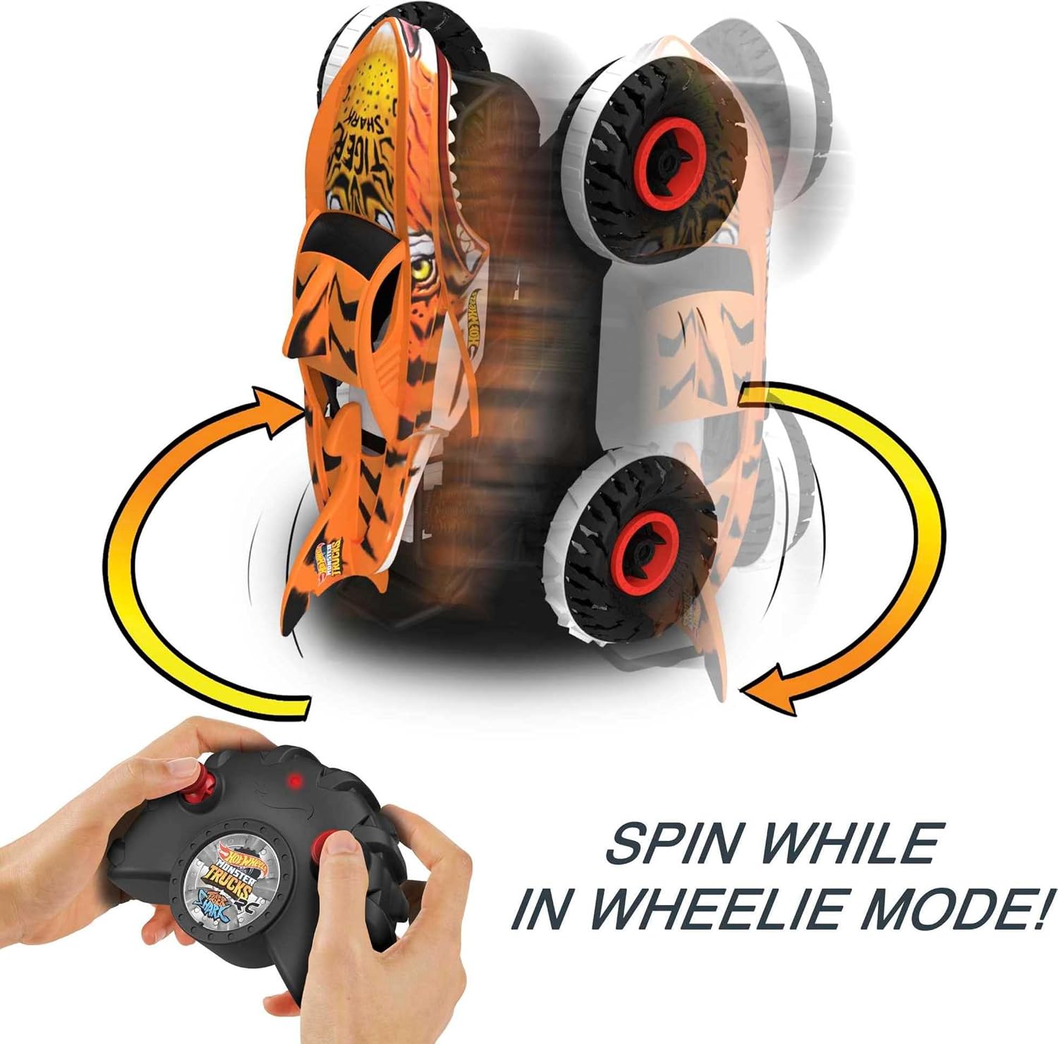 Detalle 2 de Hot Wheels Monster Trucks Tiger Shark l'Inarrestabile – Veicolo radiocomandato 1:15 4x4 per bambini 4+ anni (HGV87)