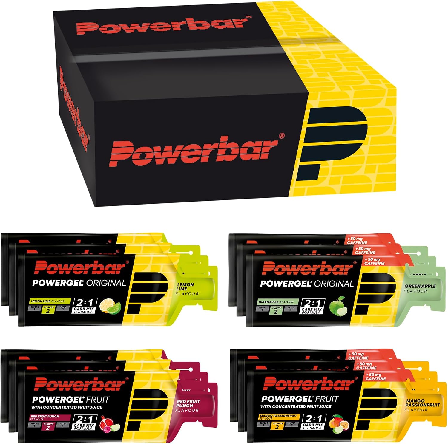Detalle de Powerbar PowerGel Multiflavour Box – 12x41 g, High Carb Energie Gel mit 2:1 Glukose/Fruktose, koffeinhaltig, vegan
