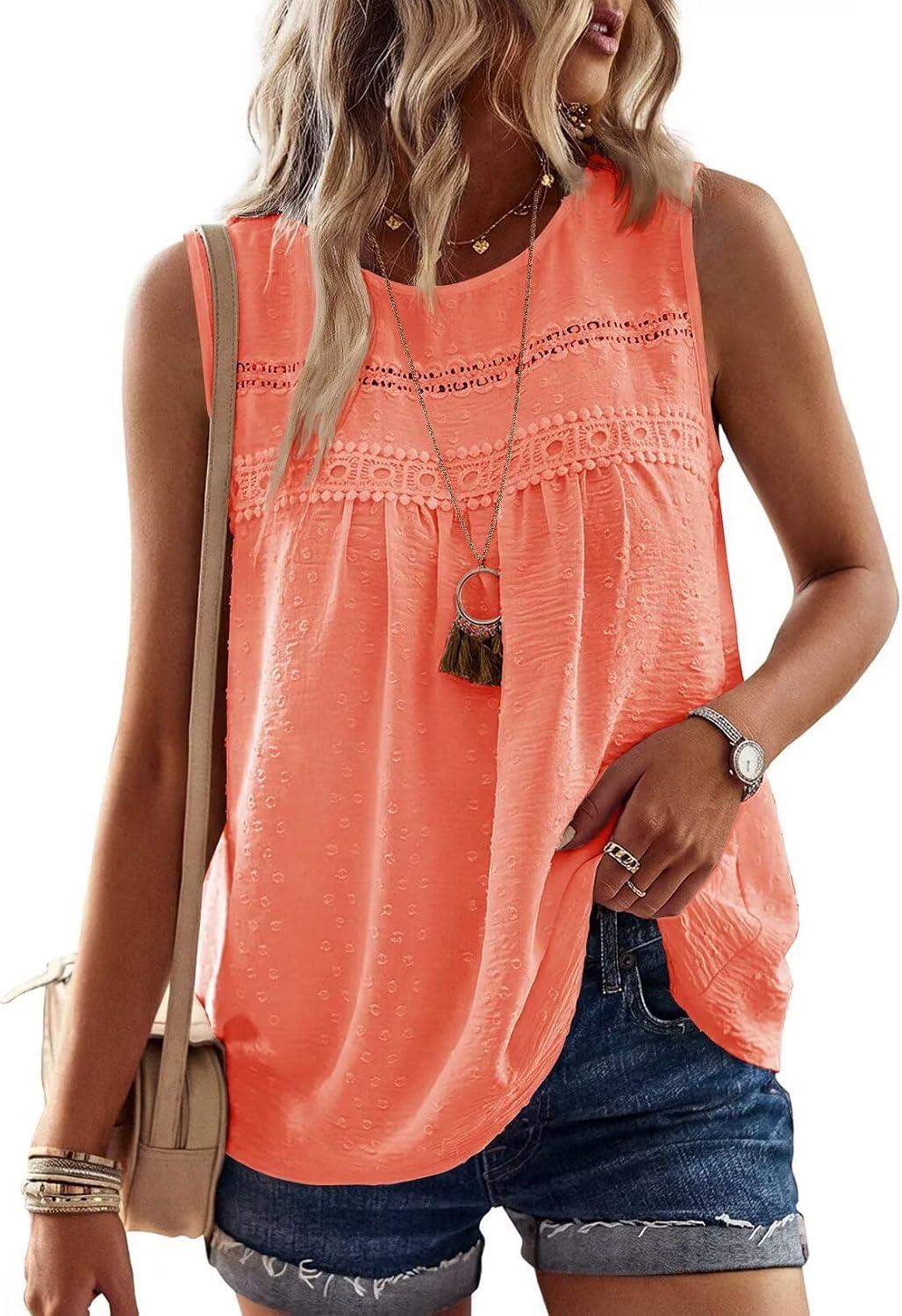 Detalle de TUUHAW Damen Tank Top – Sommer Boho Ärmellose Bluse mit Swiss-Dot Muster