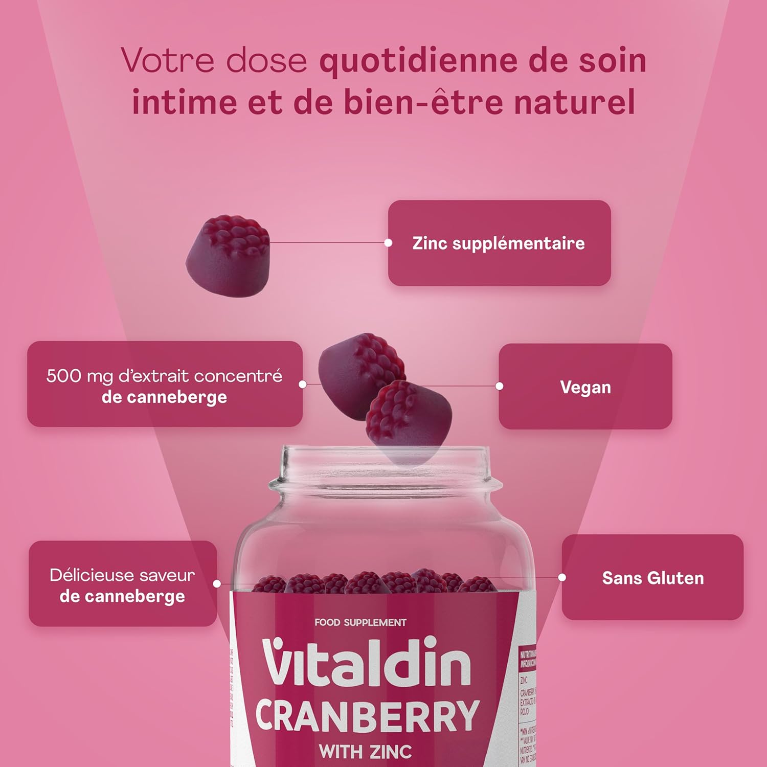 Thumbnail 1 de VITALDIN Cranberry Gummies – Complément Alimentaire 500 mg Extrait de Canneberge + Zinc, 70 Gommes (1 mois) – Vegan & Sans Gluten