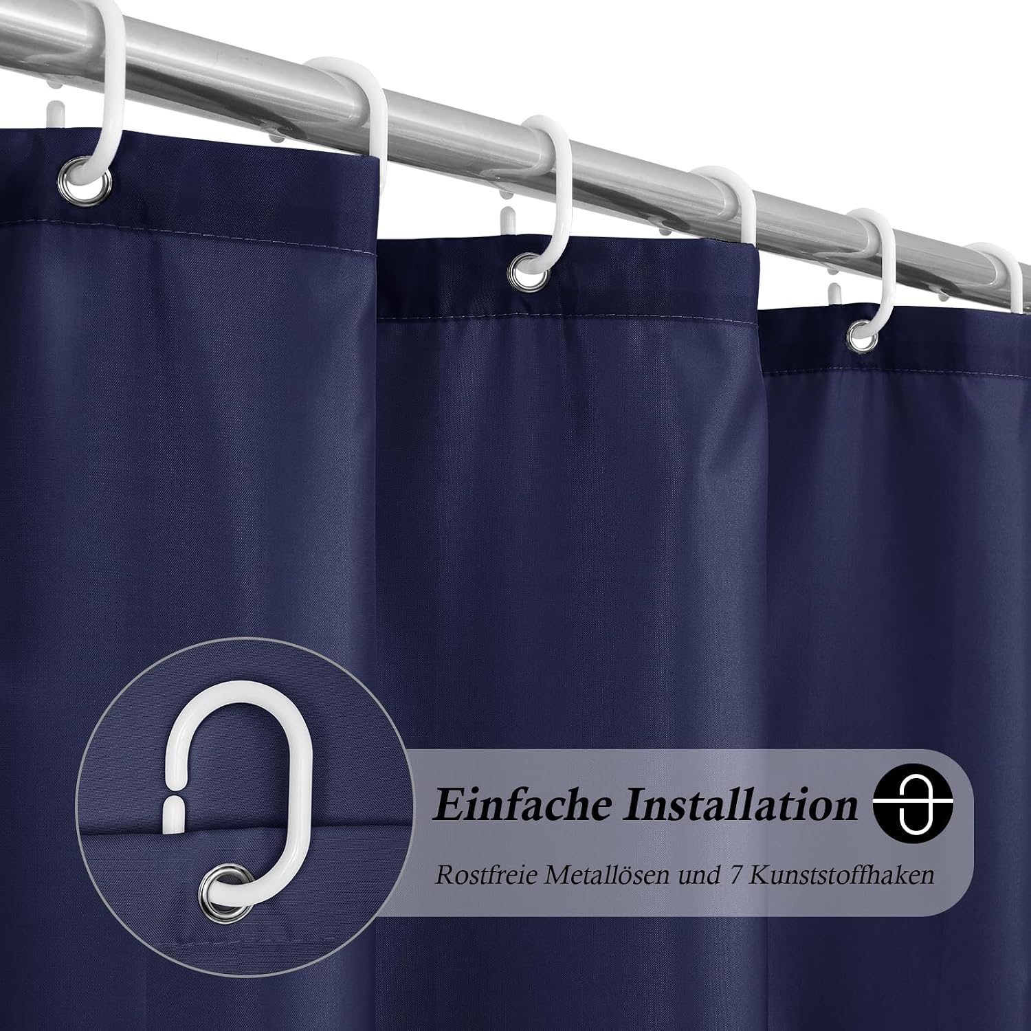 Detalle 2 de EurCross Schmaler Duschvorhang 100x200 cm Textil Blau – wasserdicht, antibakteriell, 7 Ringe