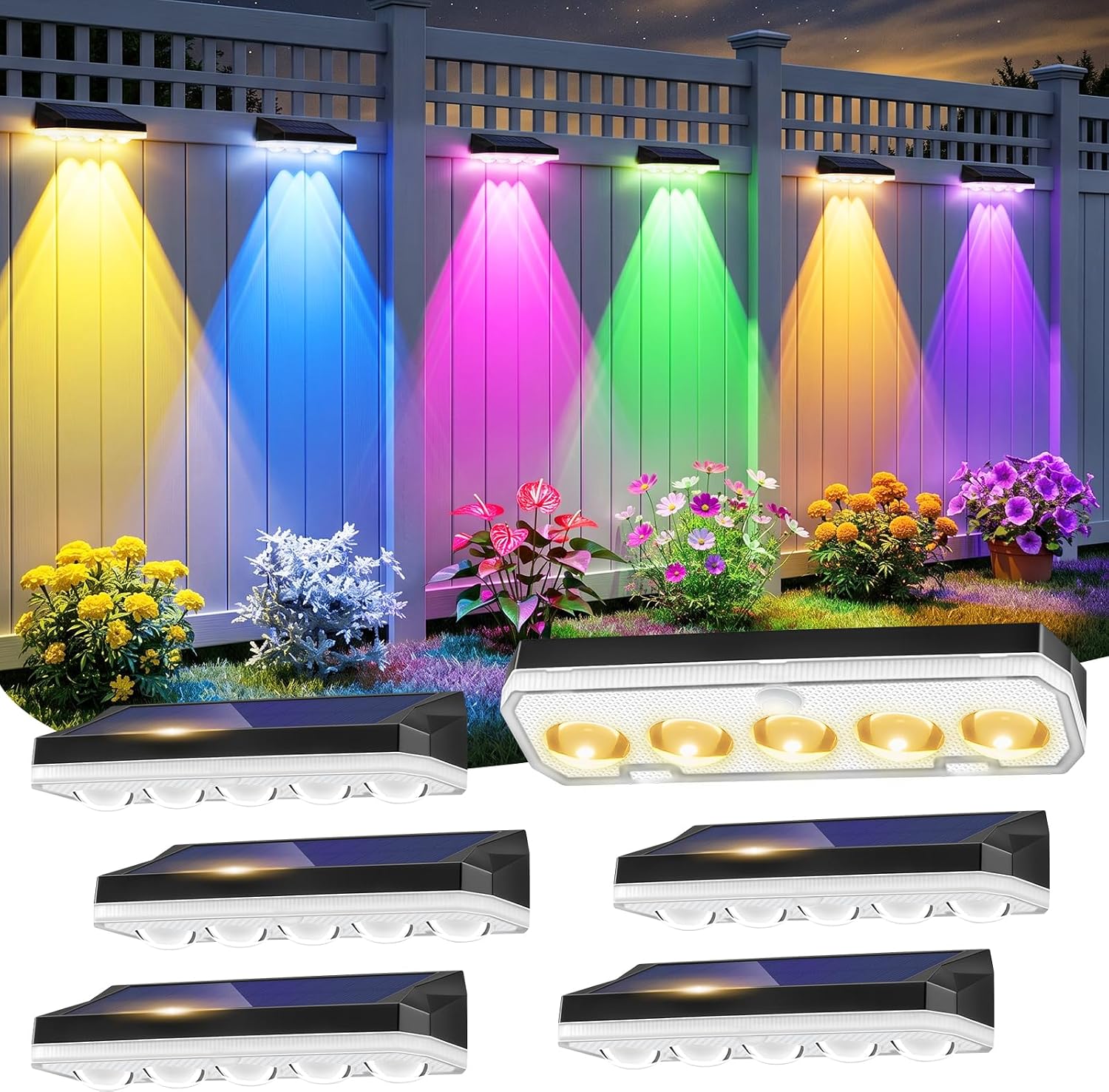 Detalle de Solar Fence Lights Outdoor: 6-Pack with 40 Modes, 5 Lenses, 8 Colours and RGB Options