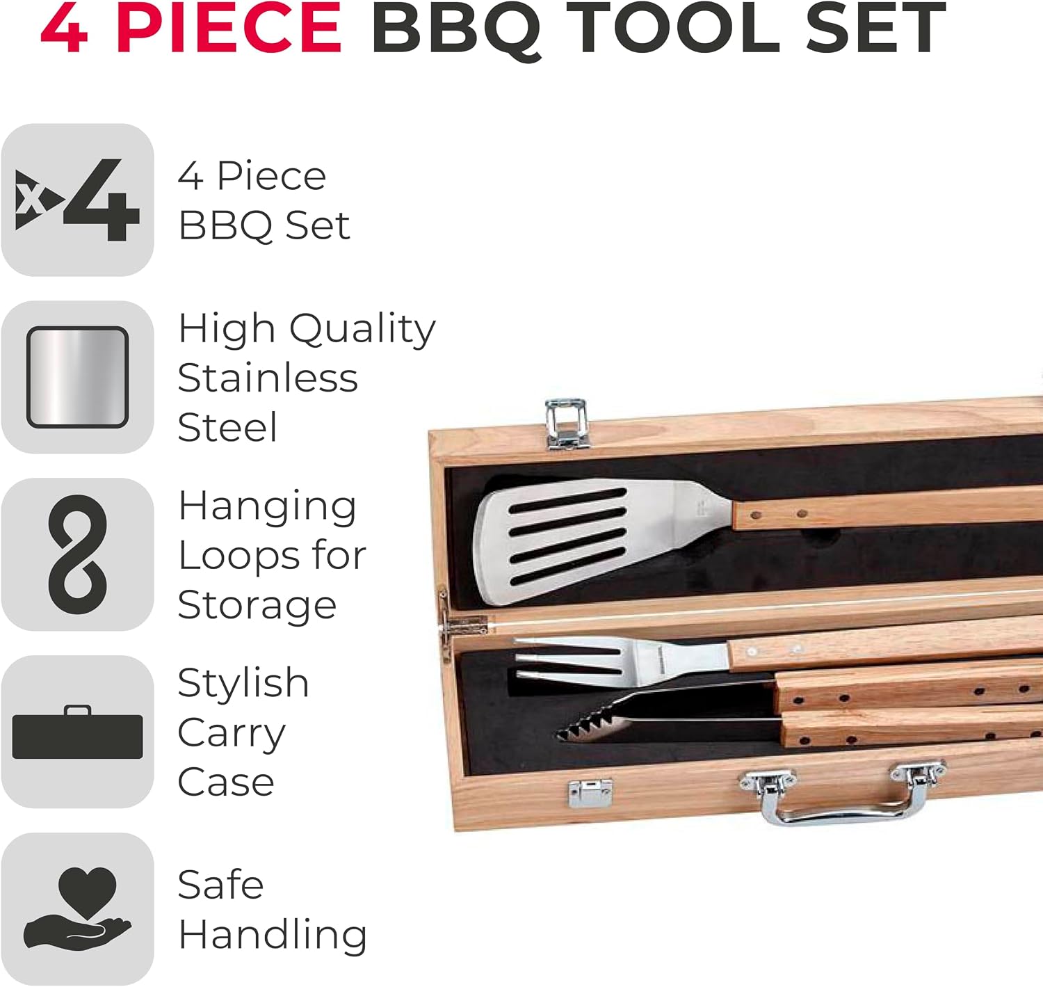 Detalle de Tower BBQ 4 Piece Tool Set with Wooden Handles and Carry Case (T932005)