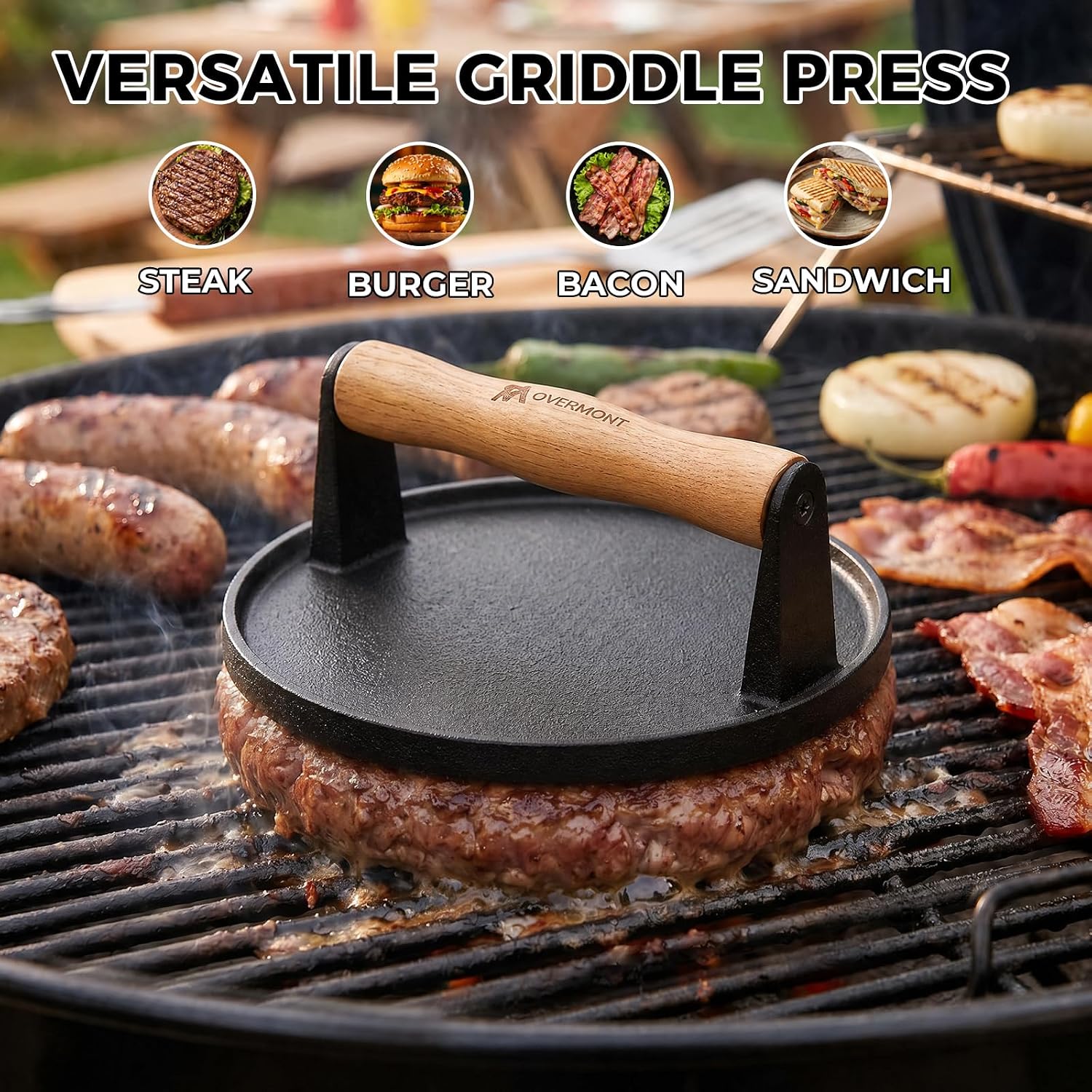 Thumbnail 6 de OVERMONT Round 7" Cast-Iron Smash Burger Press with Flat Base and Wood Handle