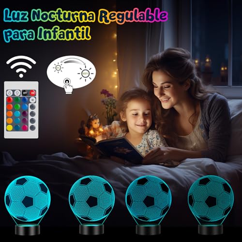 Detalle 2 de Linkax Luz Nocturna 3D Fútbol Infantil: Ilusión Óptica, 16 Colores y Control Remoto