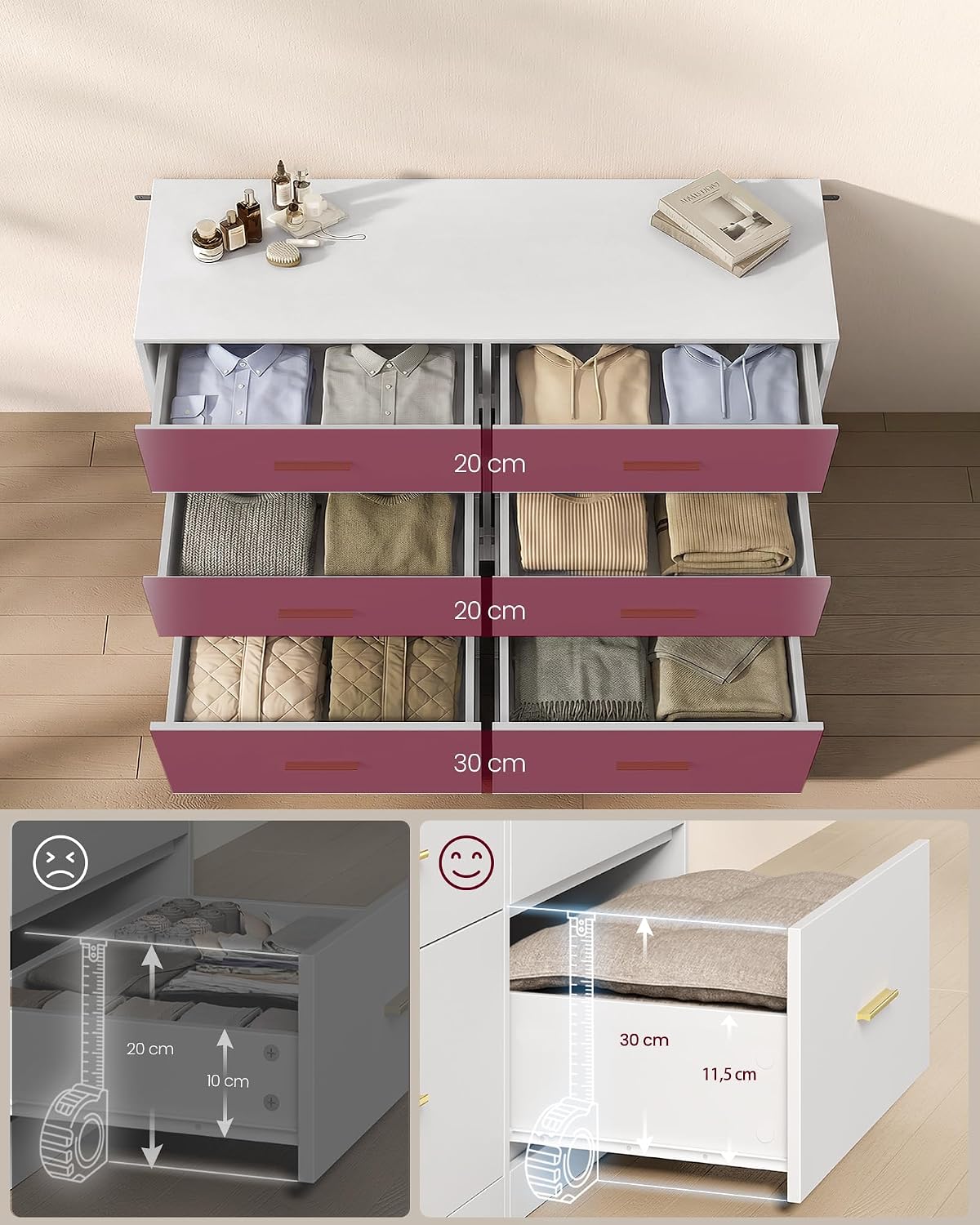 Detalle de VASAGLE LTS416WB01 Custos 6-Drawer Chest, Cloud White, 40 x 119 x 78 cm