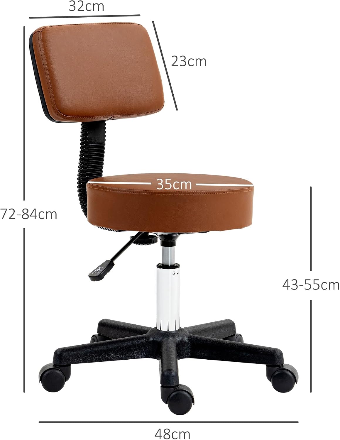 Detalle de HOMCOM 503-023V70BN Salon Stool with Padded Back, 5 Wheels, Brown