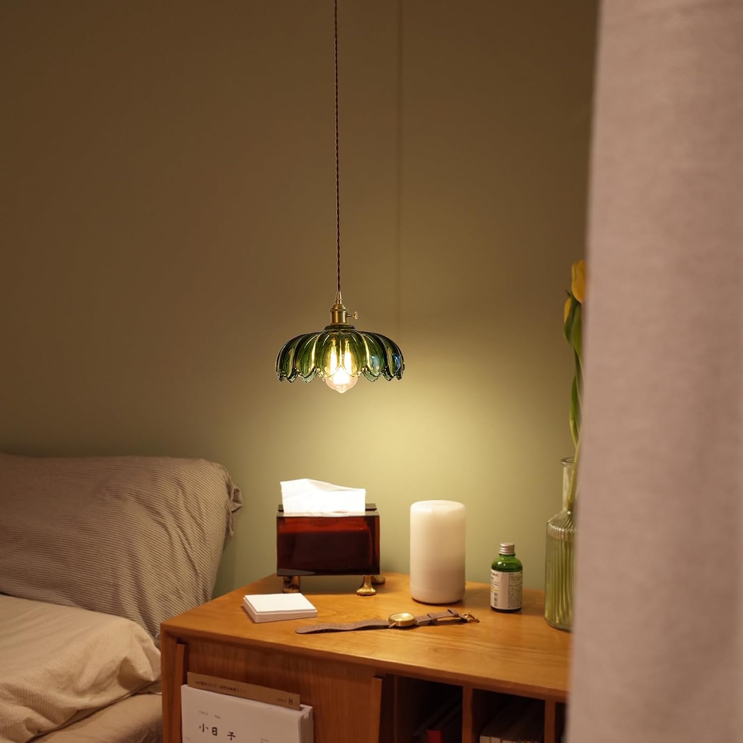 Thumbnail 6 de XZHGCEE 6202501 Green Glass Pendant Light, Retro Flower Shade, E26