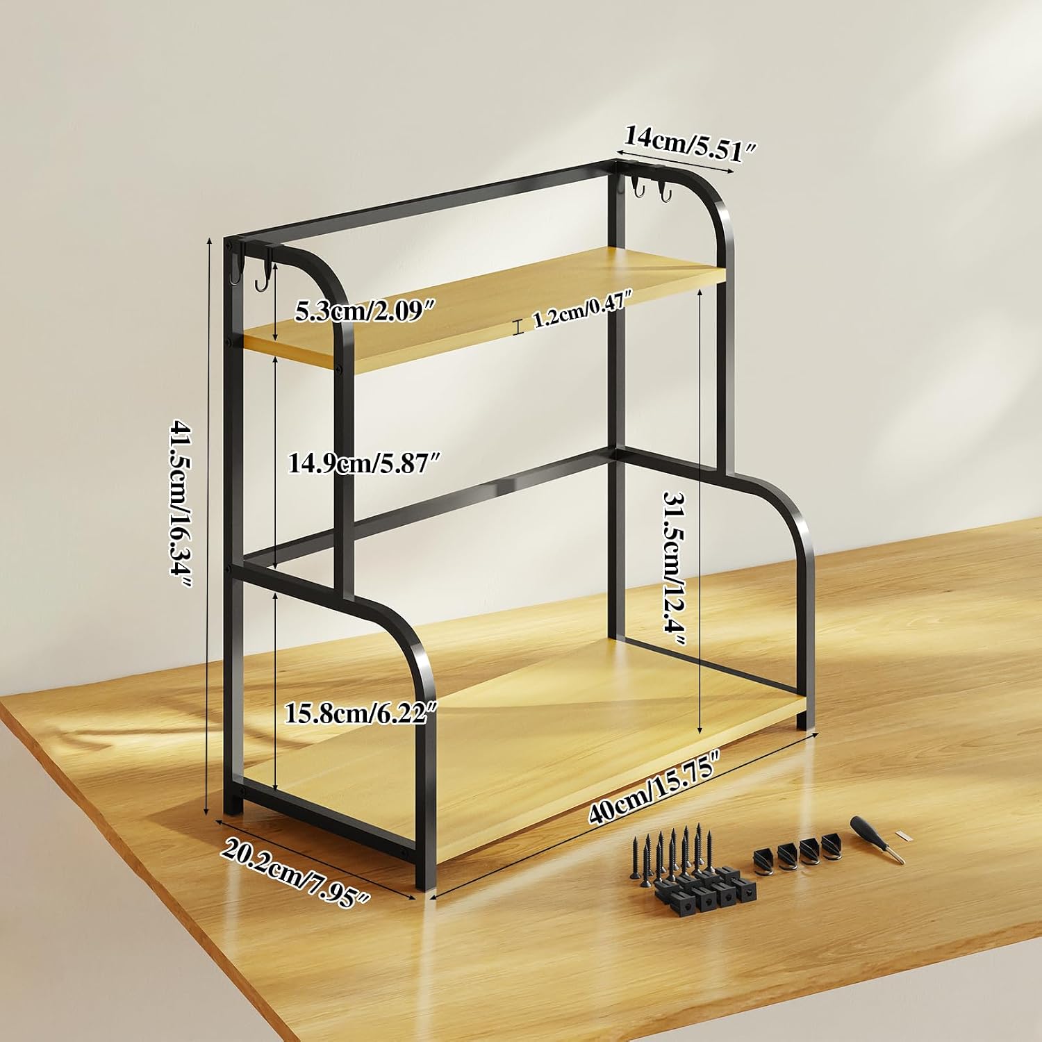 Detalle 2 de Kitchen Shelf Organiser Coffee Station – 2-Tier Black Wooden Countertop Spice Rack Storage Unit