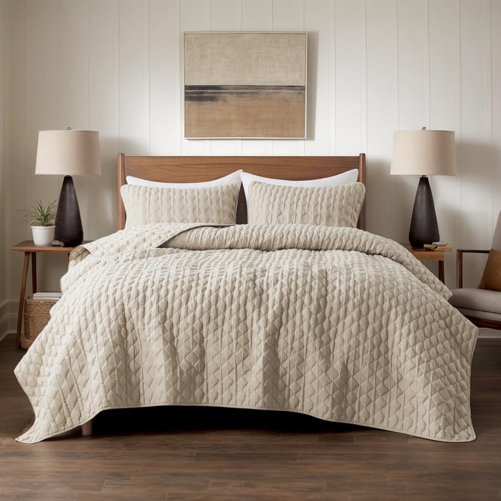Thumbnail 1 de Beige Quilt King Size Bedding Set with Pillow Shams - 3 Pieces, Lightweight Geometric Quilt Coverlet
