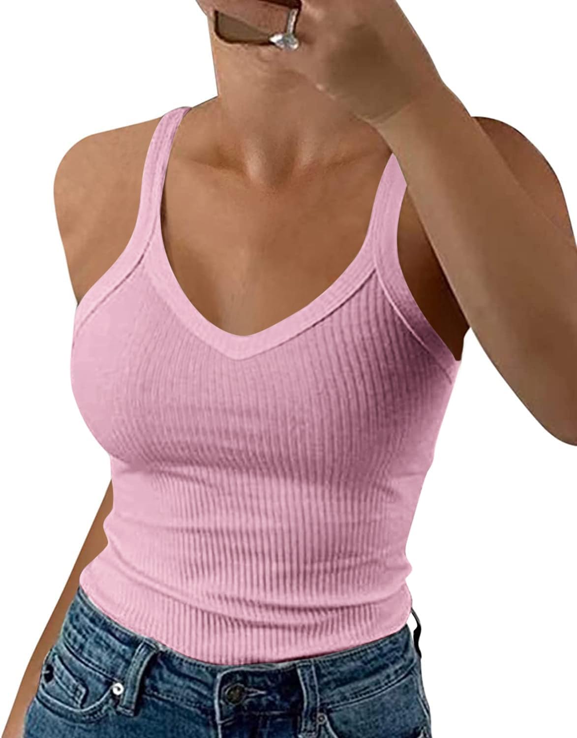 Thumbnail 4 de Wenrine Damen Spaghetti Tops U-Ausschnitt Slim Fit – gerippt, leicht durchsichtig? Nein: blickdichter Sommer- Tanktop