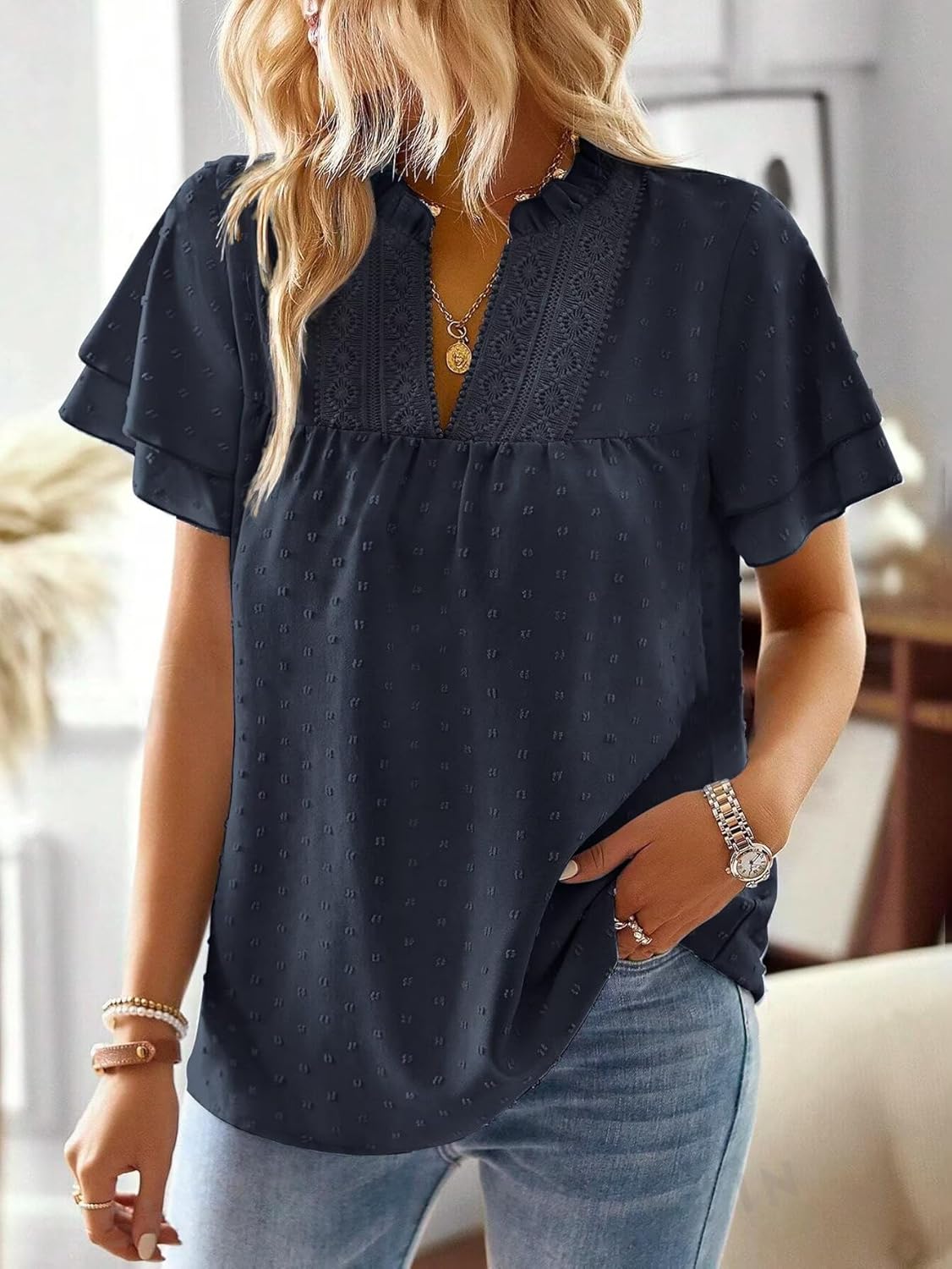 Thumbnail 1 de TUUHAW Damen Boho-Top mit V-Ausschnitt und Häkelspitze – kurzarm, fließend & lässiger Schnitt