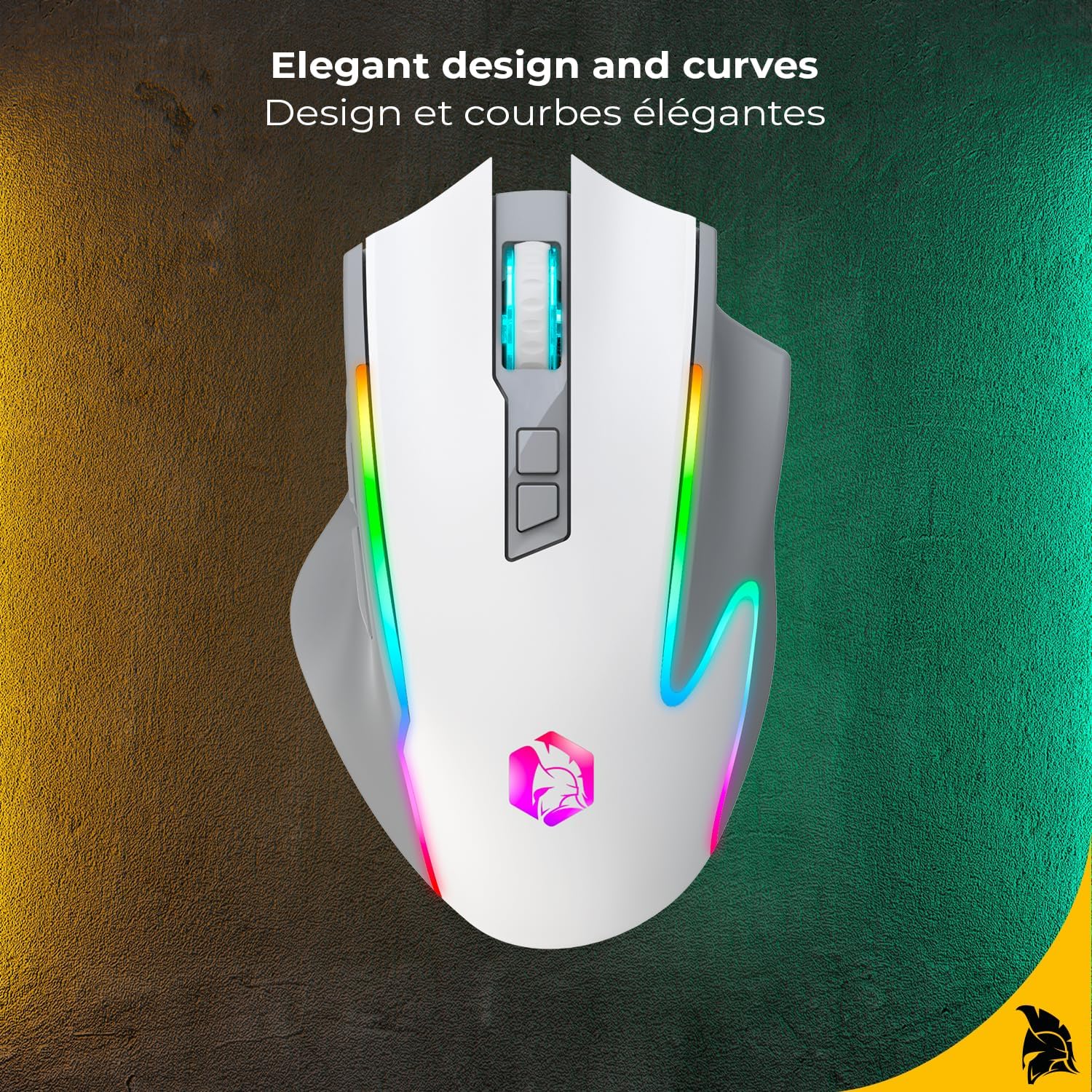 Detalle de EMPIRE GAMING RF908 — souris gamer sans fil rechargeable RGB (WiFi 2,4 GHz / Bluetooth / USB-C)