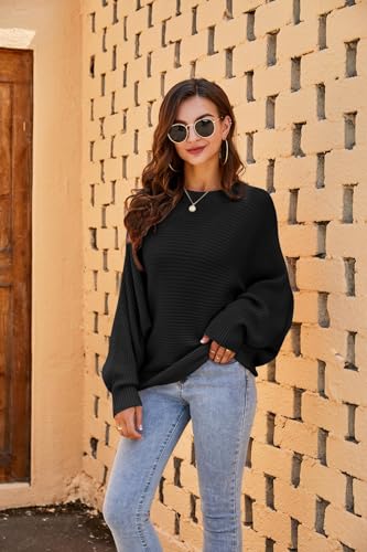 Detalle 2 de Fessceruna Damen-Oversize-Strickpullover mit Fledermausärmeln, Rundhals und Rippstruktur, Schwarz, L