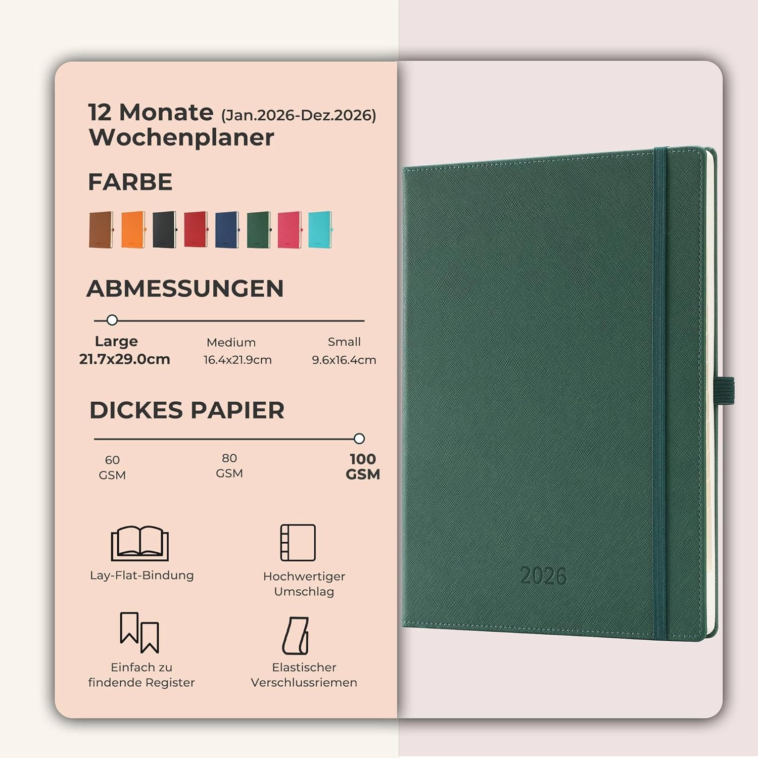Thumbnail 1 de IN-LUXPRO Kalender 2026 – A4 Buchkalender 29 × 21,7 cm, Wochenplaner mit 100GSM Papier, PU-Leder Grün