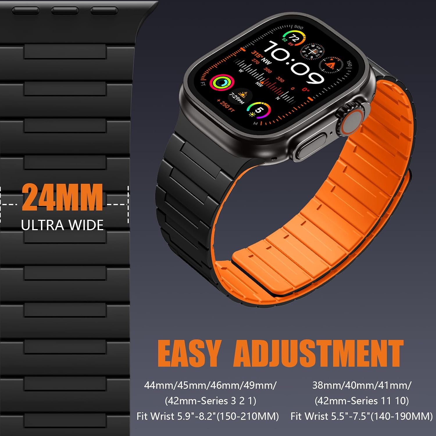 Thumbnail 4 de SNBLK Magnetic Band for Apple Watch Ultra & Series: Silicone Magnetic Strap in Black/Orange