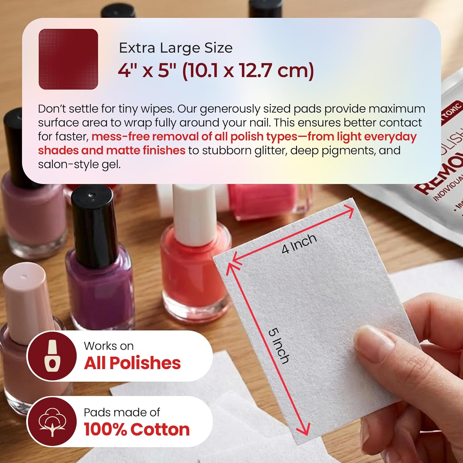Detalle de Nail Polish Remover Pads (Non-Acetone, Rose Oil) 100-Pack Bulk Set, Individually Wrapped Wipes