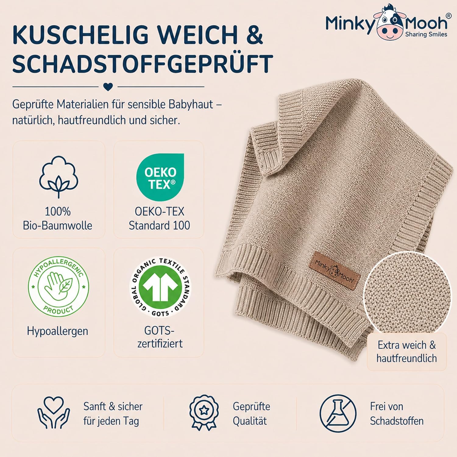 Thumbnail 2 de Minky Mooh® Babydecke aus 100% Bio-Baumwolle, Öko-Tex 100, Taupe 94 x 72 cm