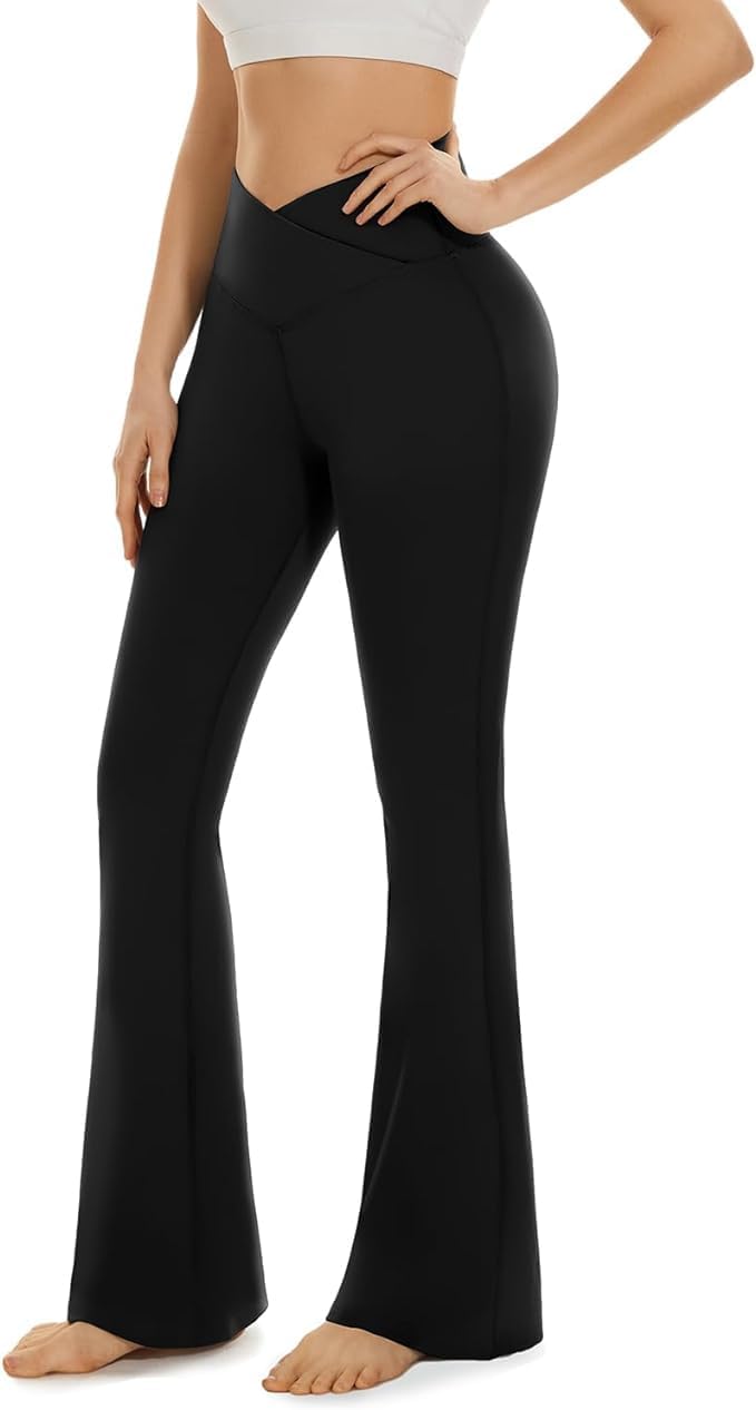 Detalle de BLONGW High-Waisted Flared Yoga Pants with Pockets (78% nylon, 22% spandex) – buttery-soft black leggings
