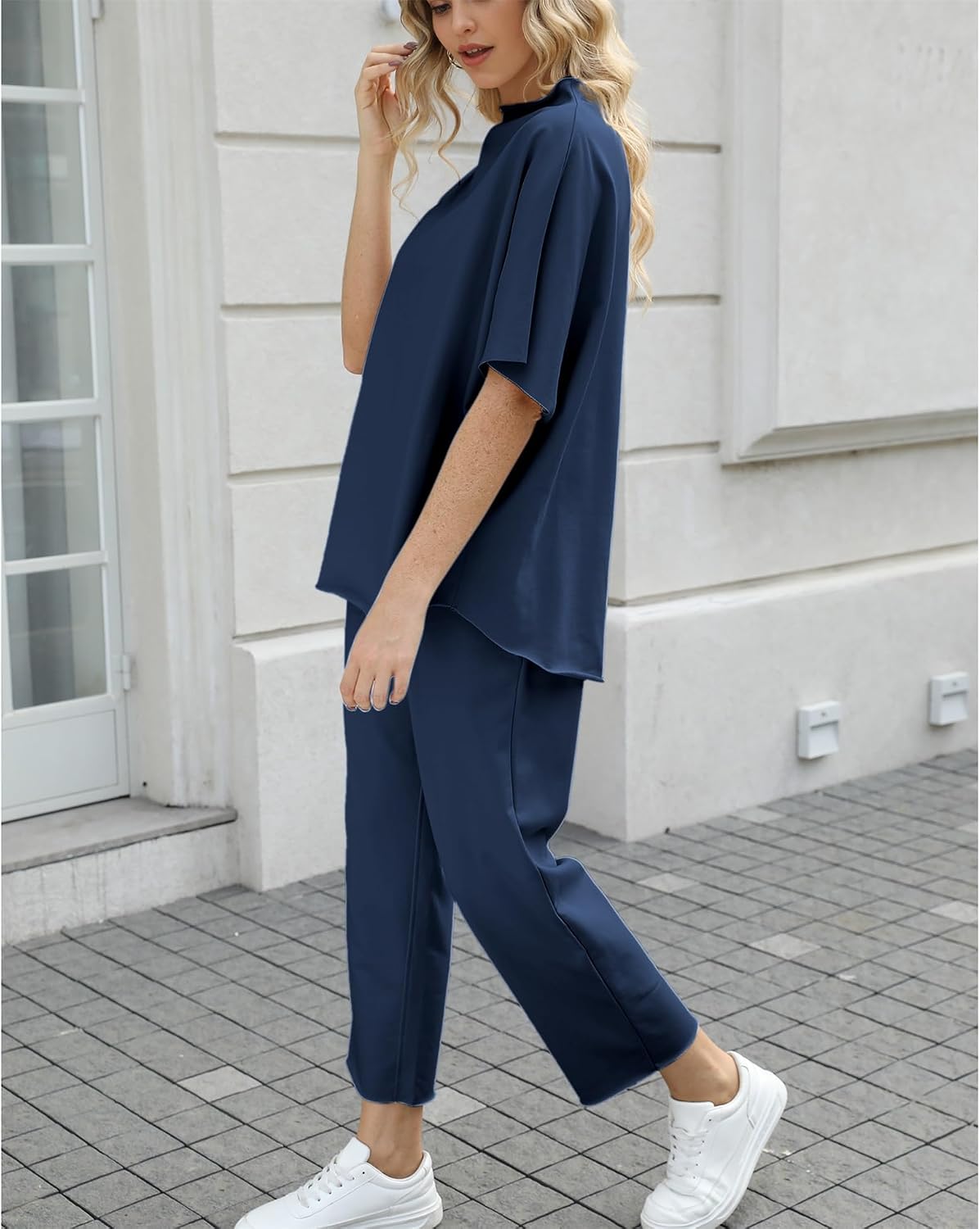Thumbnail 2 de SeeLuNa Women's Two Piece Outfits: 3/4 Batwing Sleeve Capelet Top & Wide-Leg Pants Lounge Set