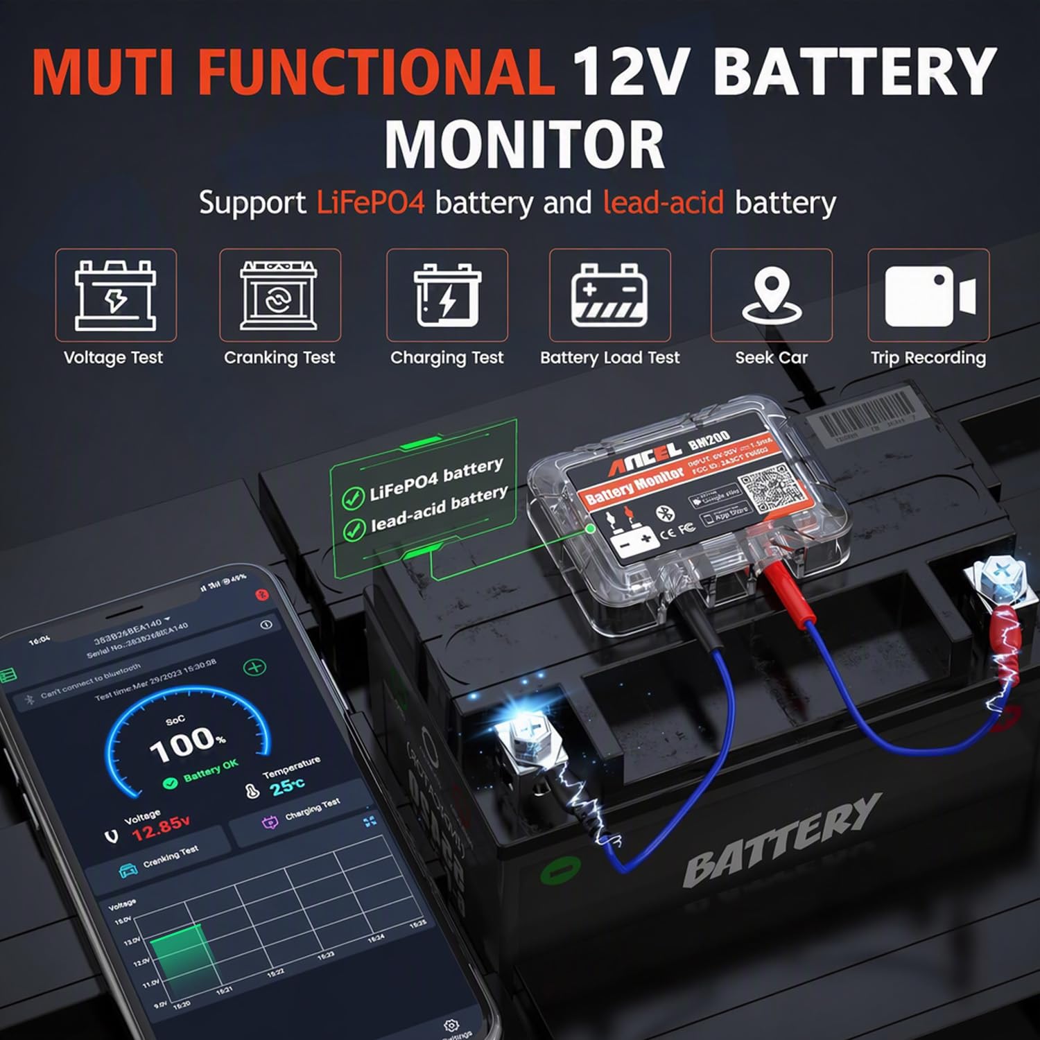 Thumbnail 1 de ANCEL Bluetooth battery monitor, 12V