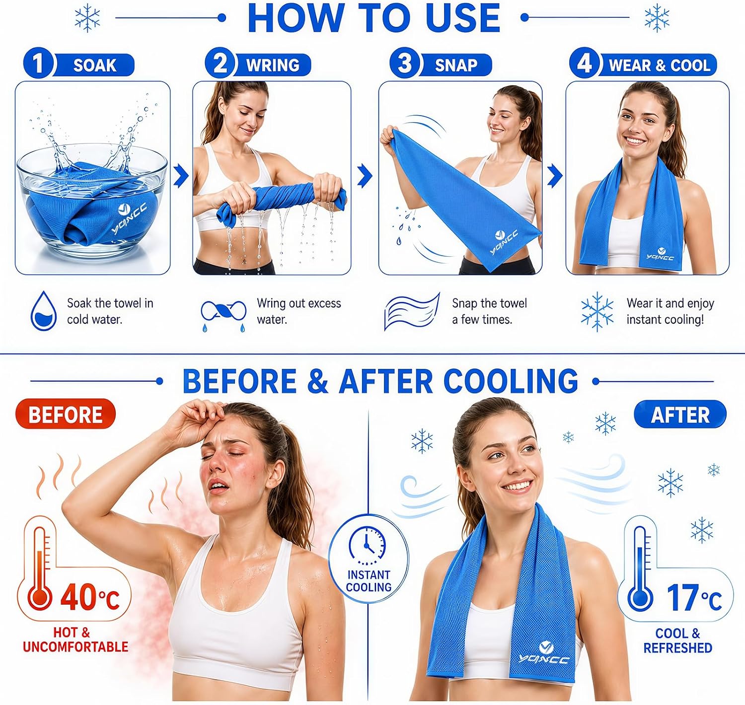 Detalle de YQXCC 2 Pack Cooling Towels (120 x 30 cm) – Microfibre Cooling for Sports & Outdoors