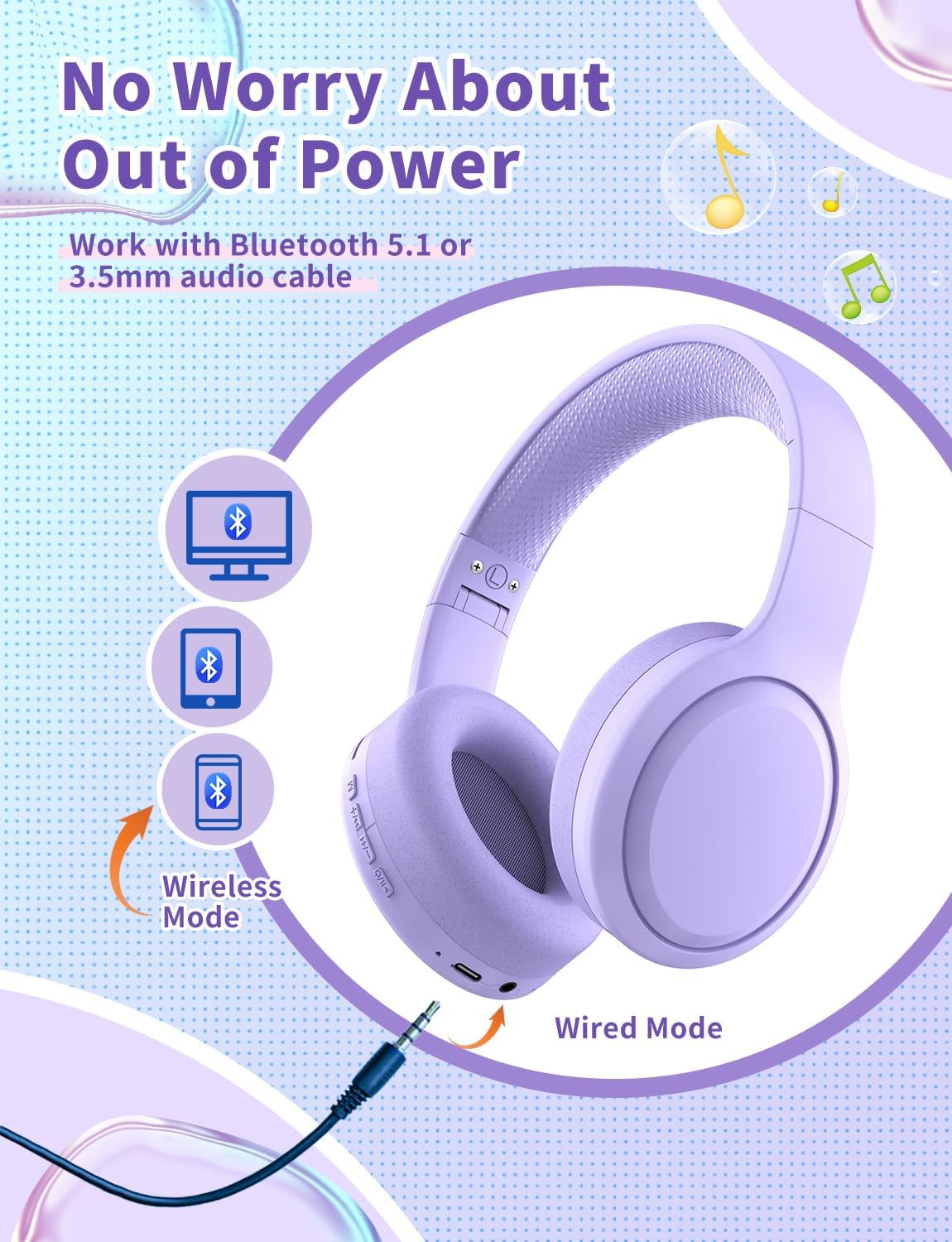 Thumbnail 1 de Xunpuls Kinder-Bluetooth-Kopfhörer (faltbar) mit Mikrofon – bis zu 10 Stunden Spielzeit, 2-in-1 kabellos & 3,5-mm-Kabel (lila)