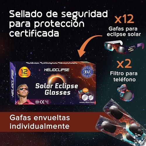 Detalle de Helioclipse 12 Gafas Eclipse Solar homologadas ISO 12312-2 CE para 2026