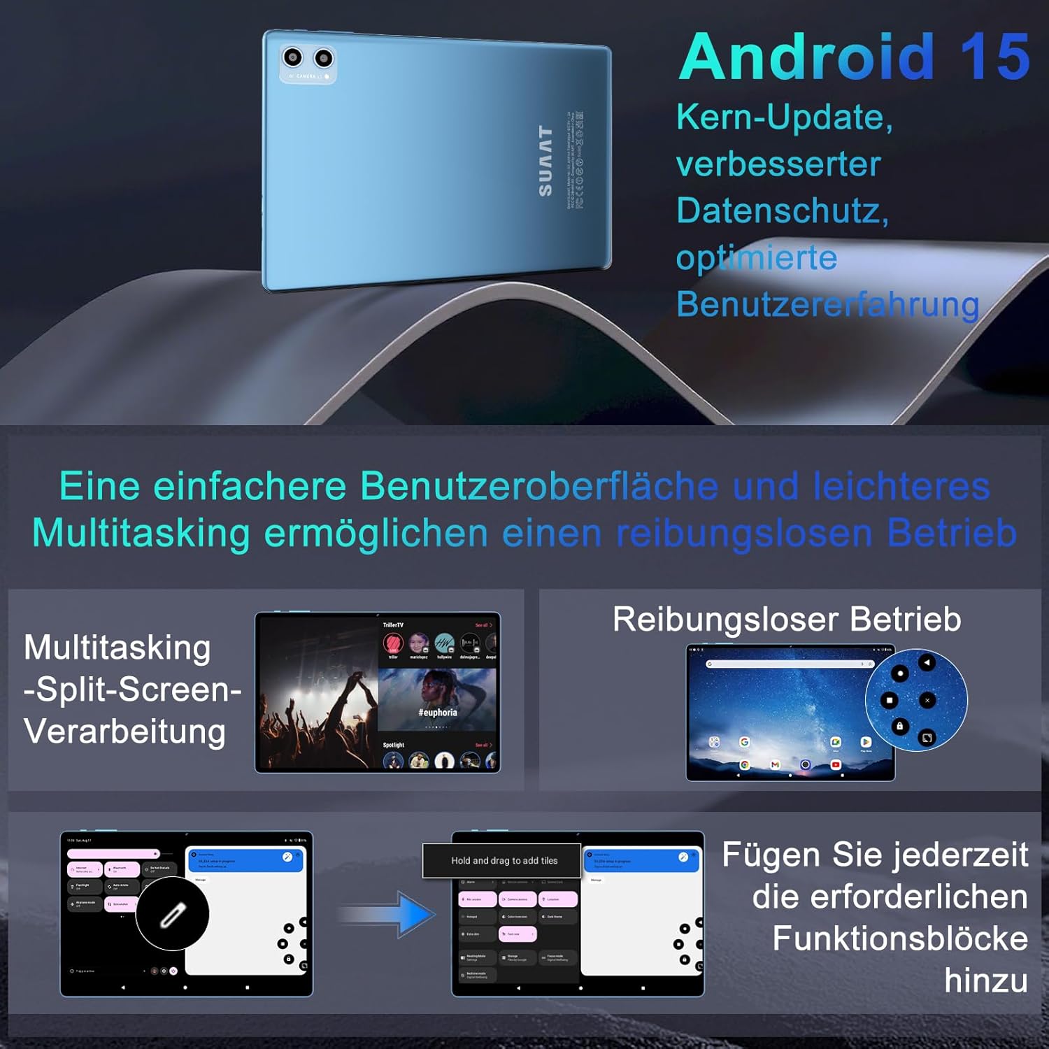 Thumbnail 2 de SUAAT 2026 Tablet 10 Zoll – Android 15, Octa‑Core, 64 GB ROM + 2 TB Speichererweiterung, 5G WLAN, inkl. Hülle, Tastatur und Maus